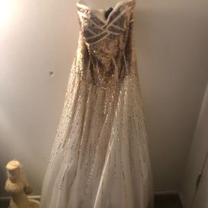 Glamour by Terani long white dress
With Gold Sequin 
From David’s Bridal